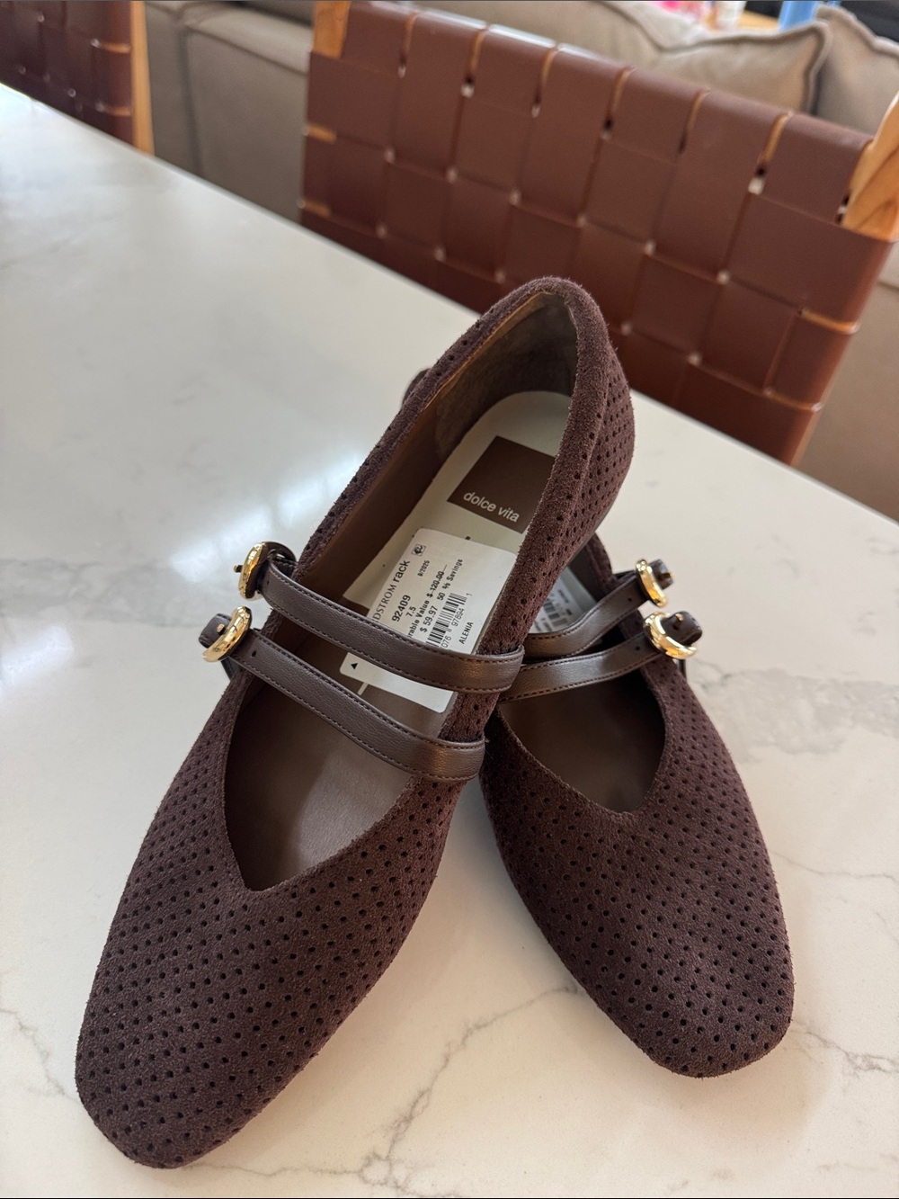Dolce Vita Chocolate Brown Perforated Mary Jane Flats with Double Straps - Picture 4 of 5